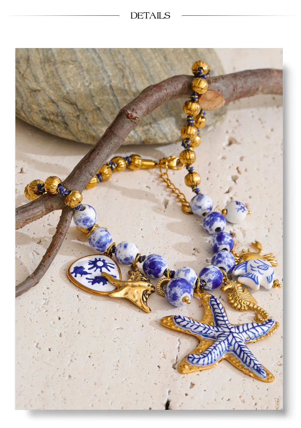 Star beaded geometric necklace in gold-plated stainless steel.