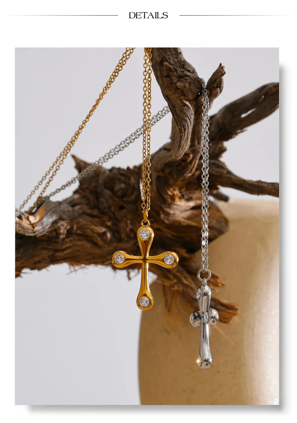 Cubic zirconia cross necklace in gold-plated stainless steel with cubic zirconia.