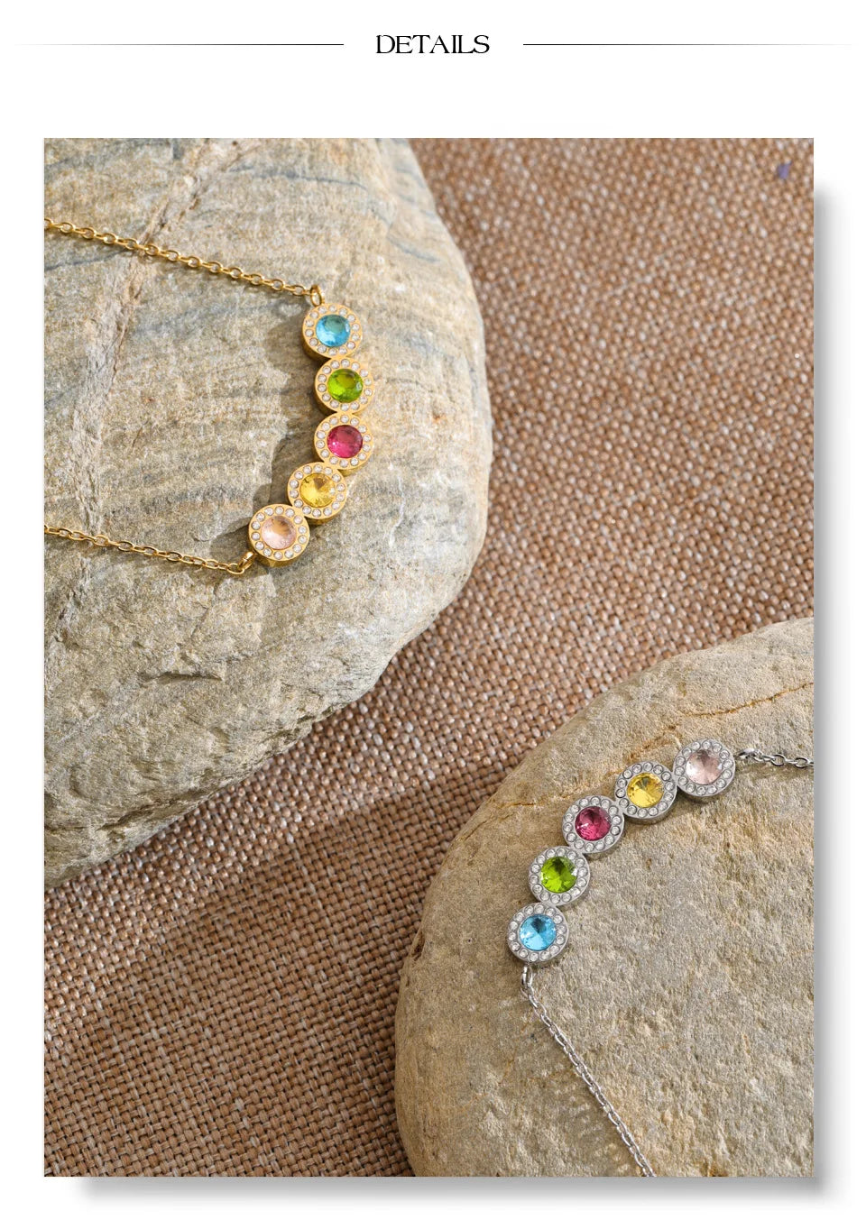 Cubic zirconia multi-color geometric necklace in gold-plated stainless steel with cubic zirconia.