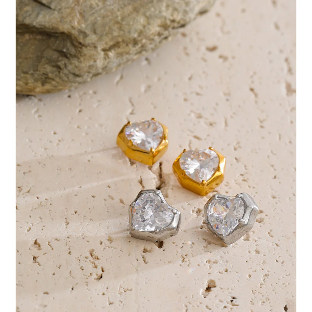 Cubic Zirconia Heart Earrings — Gold-Plated Stainless Steel with Cubic Zirconia · PS1479