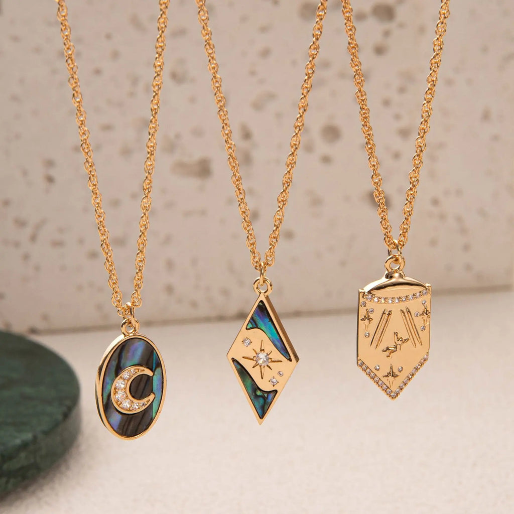 18K Gold Plated Astrology Pendant Necklace for Women, Abalone Shell Moon Star Amulet Jewelry, Boho Mystic Vintage Gift