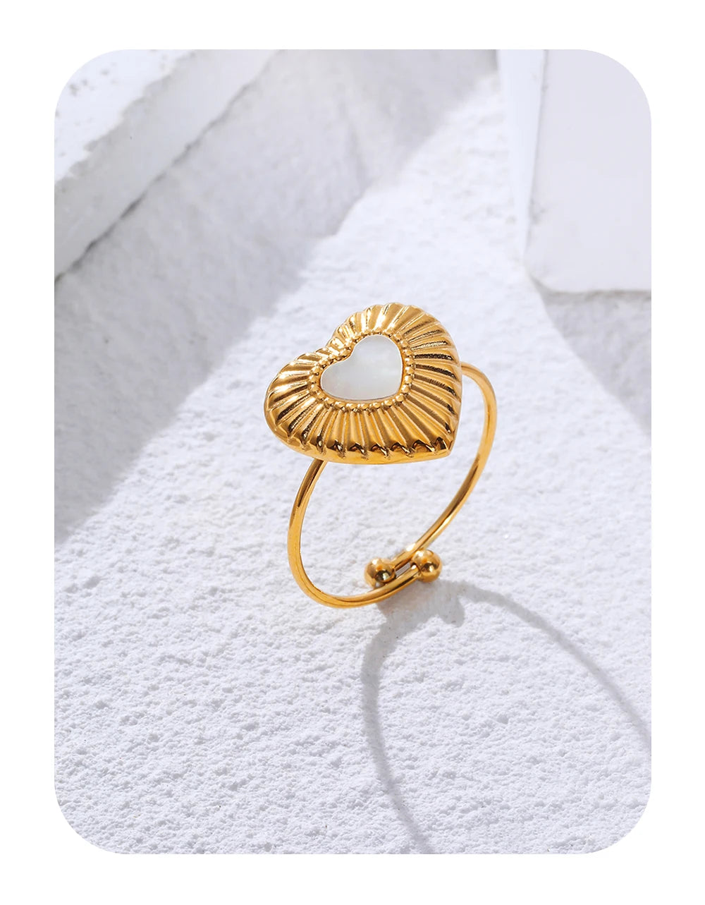 Heart Natural White Shell Vintage Adjustable Ring — 316L Stainless Steel · PS446