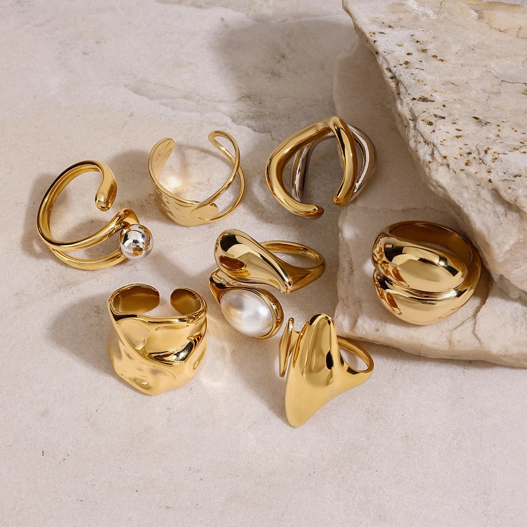 Two-Tone Pearl Waterdrop Ring — Stainless Steel · PS368