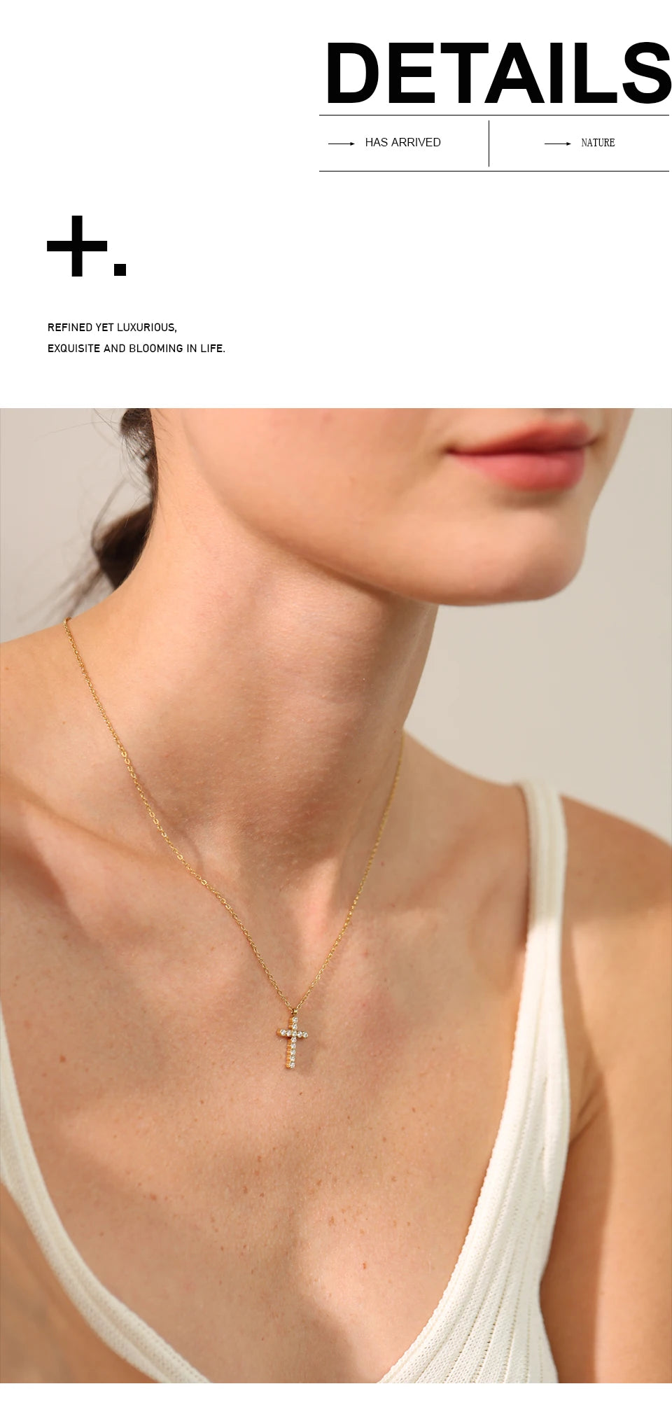 Cubic zirconia cross necklace in gold-plated 316L stainless steel with cubic zirconia.