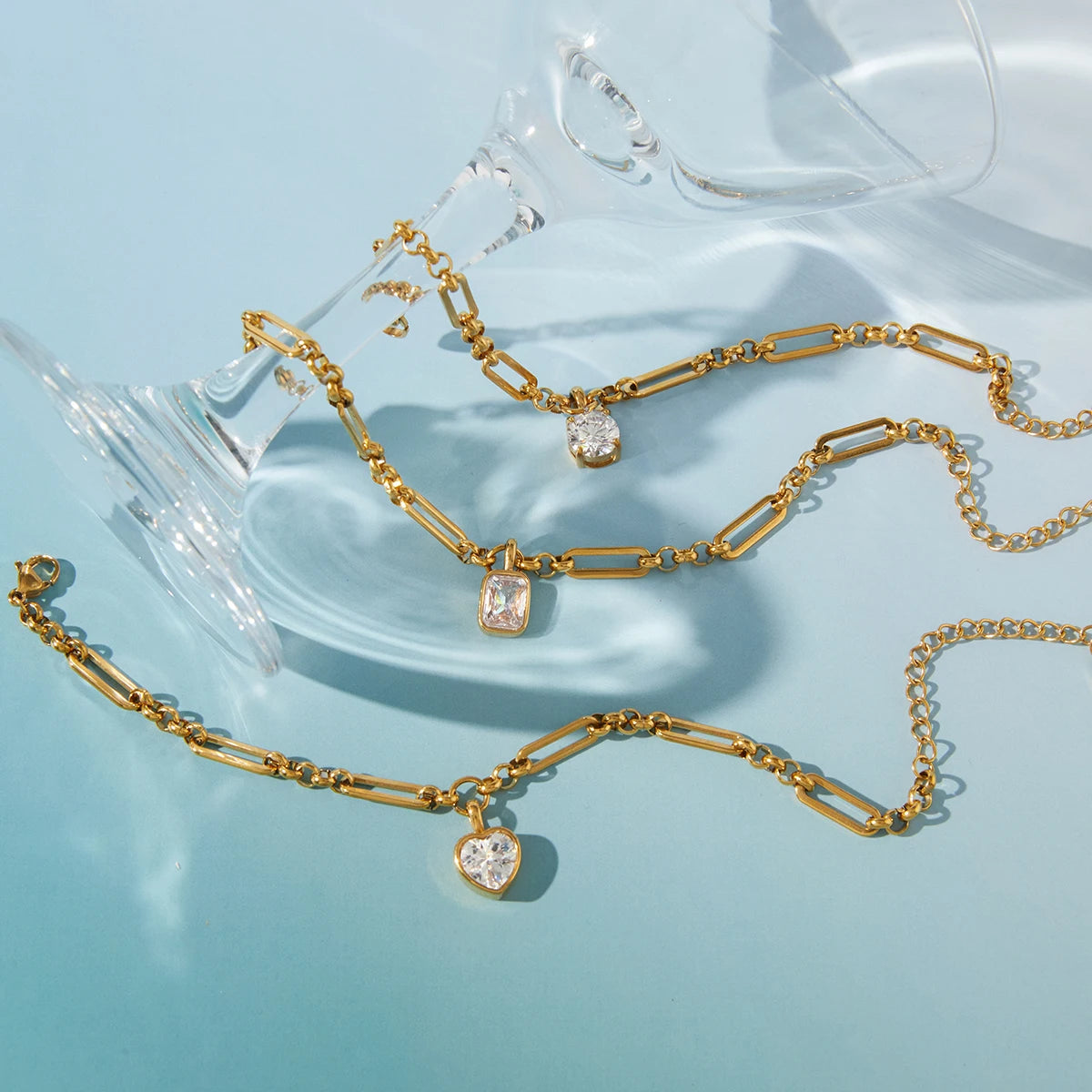 CZ Drop Chain Bracelet Stack — Stainless Steel · PS008