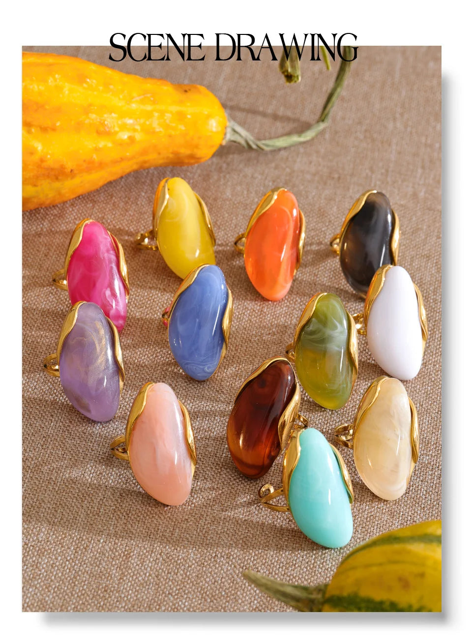 Resin multi-color geometric ring in 18K gold-plated stainless steel with resin.