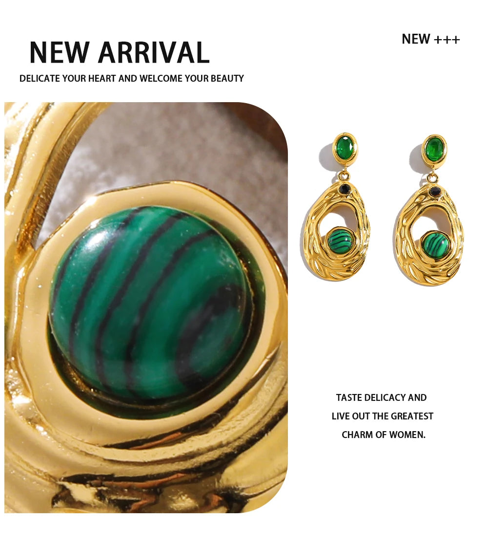 Drop Earrings Green Stone Zircon Irregular Dangle — 316L Stainless Steel · PS424