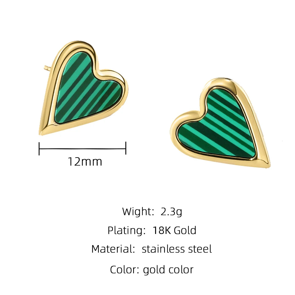 Stud Earrings Heart Vintage Green Natural Stone — 316L Stainless Steel · PS422