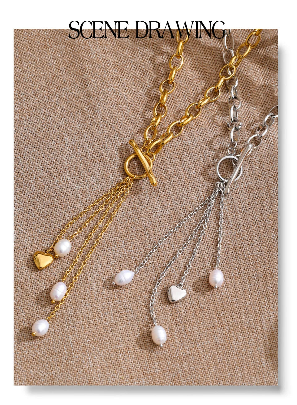 Freshwater pearl heart chain necklace in gold-plated stainless steel with freshwater pearl.