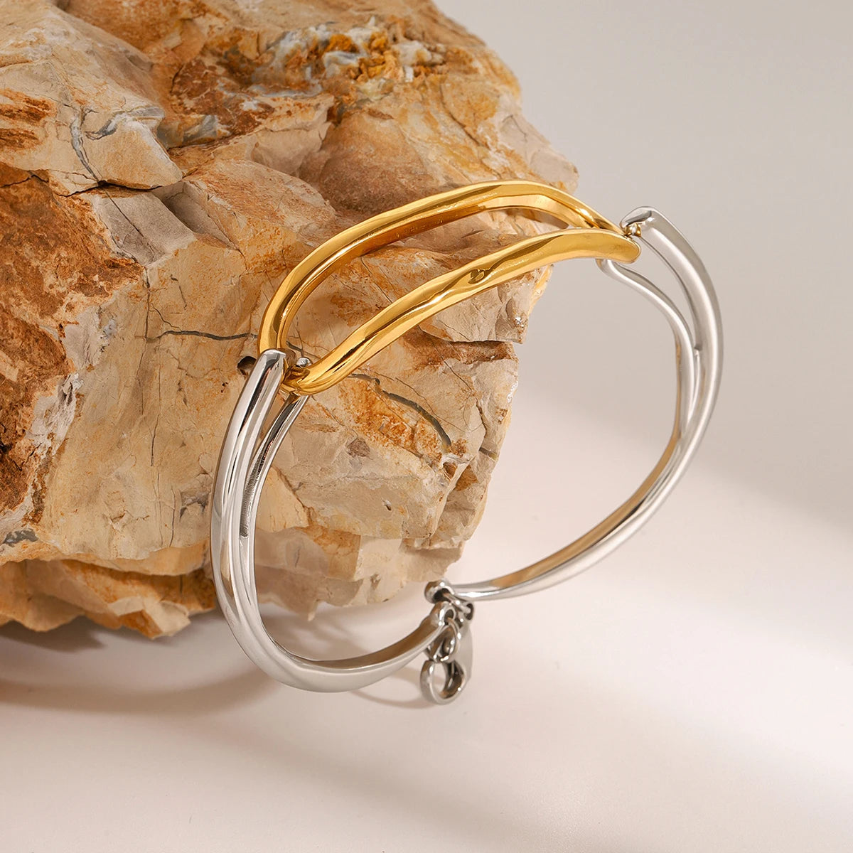 Two-Tone Oval Link Cuff Bracelet — Stainless Steel · PS043