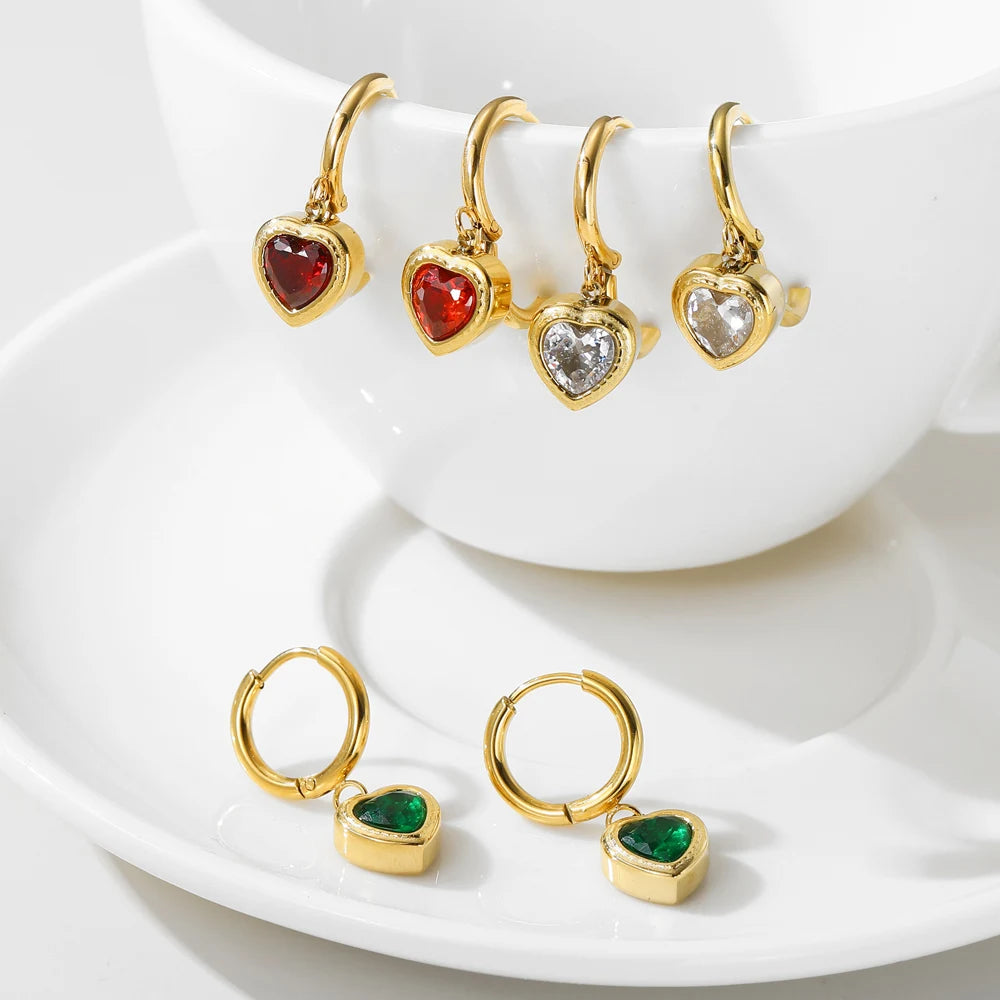 Dangle Earrings Zircon Crystal Heart Charm — 316L Stainless Steel · PS482