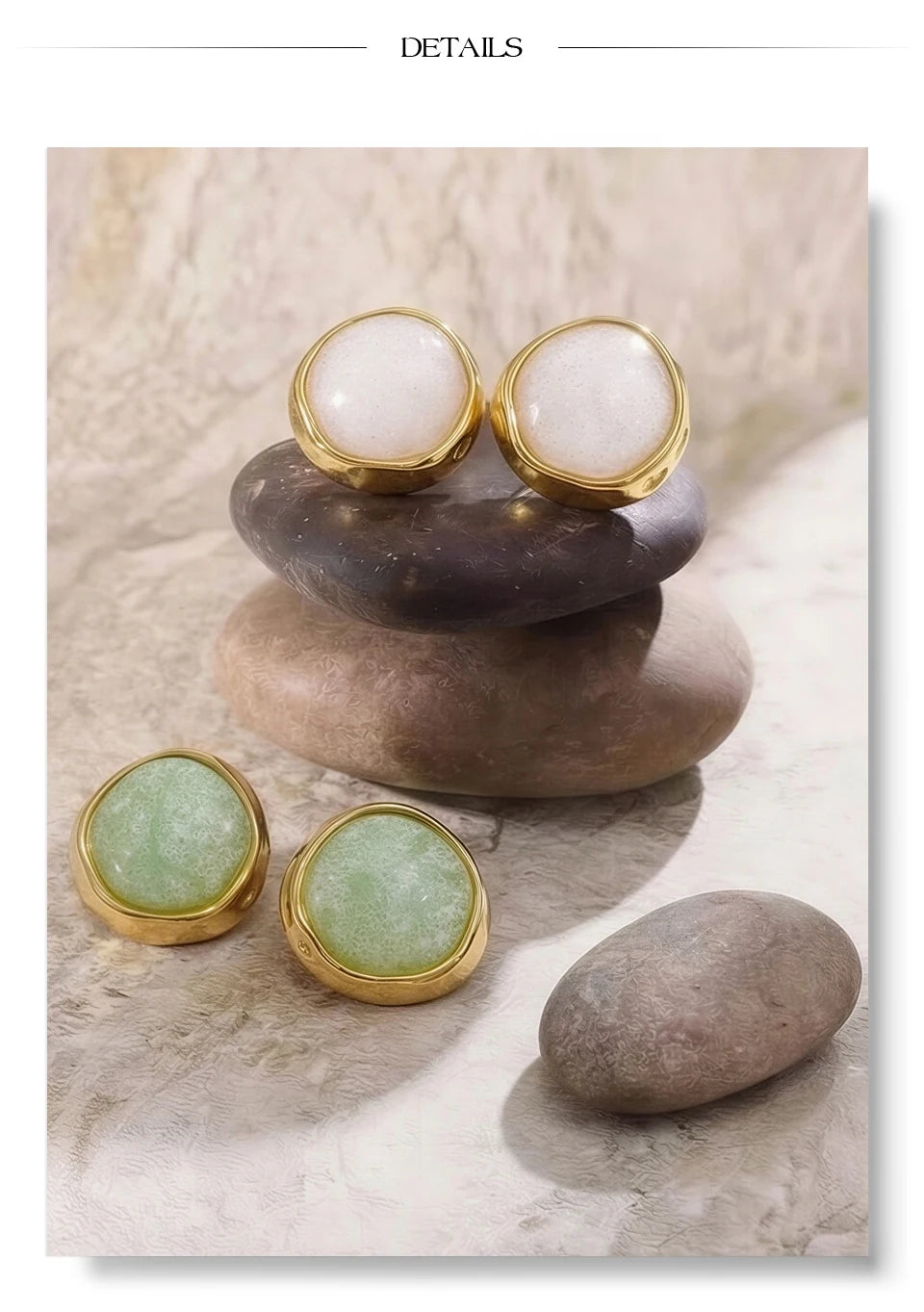 White resin acrylic earrings in gold-plated stainless steel with resin and acrylic.