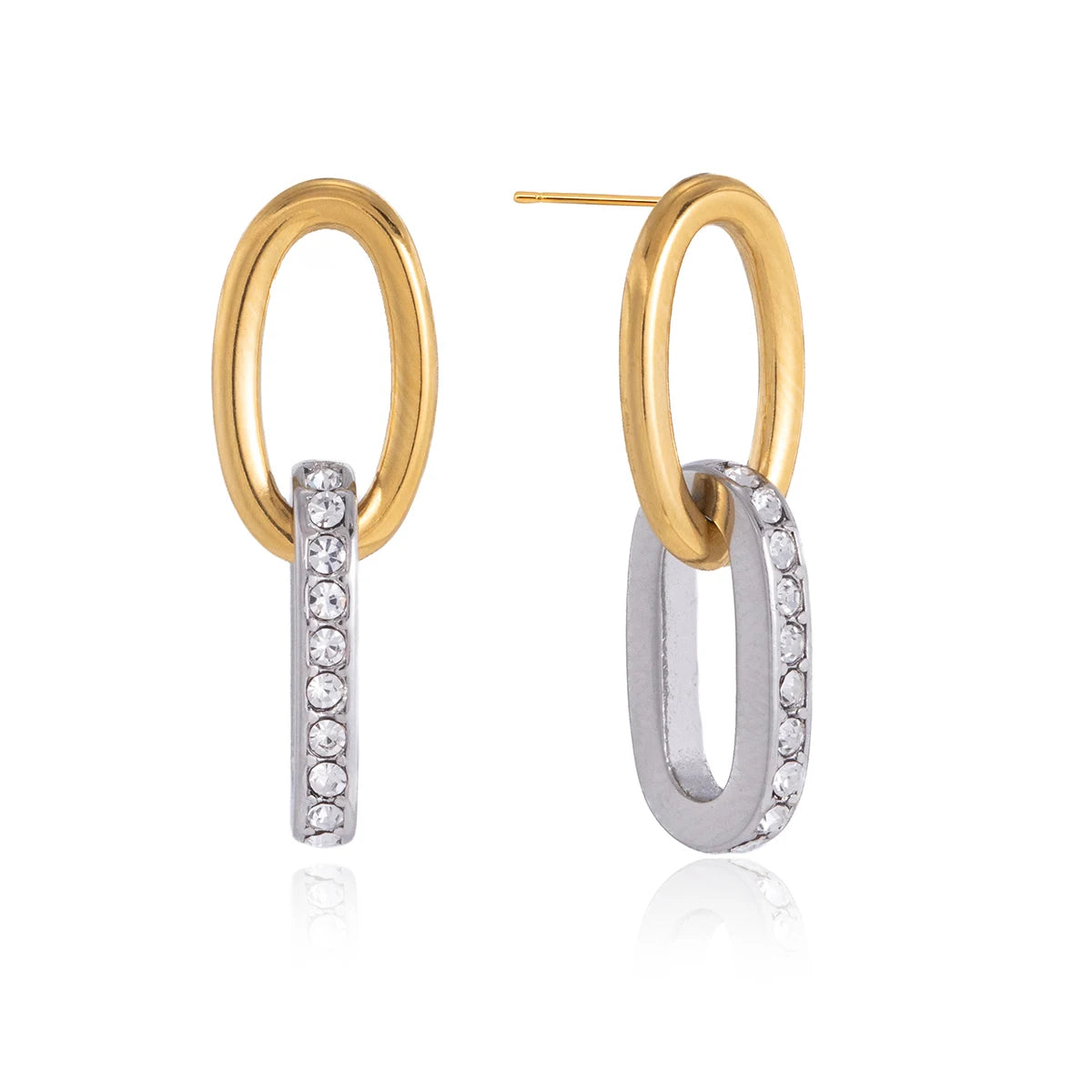 Two-Tone CZ Link Drop Earrings — Stainless Steel · PS126