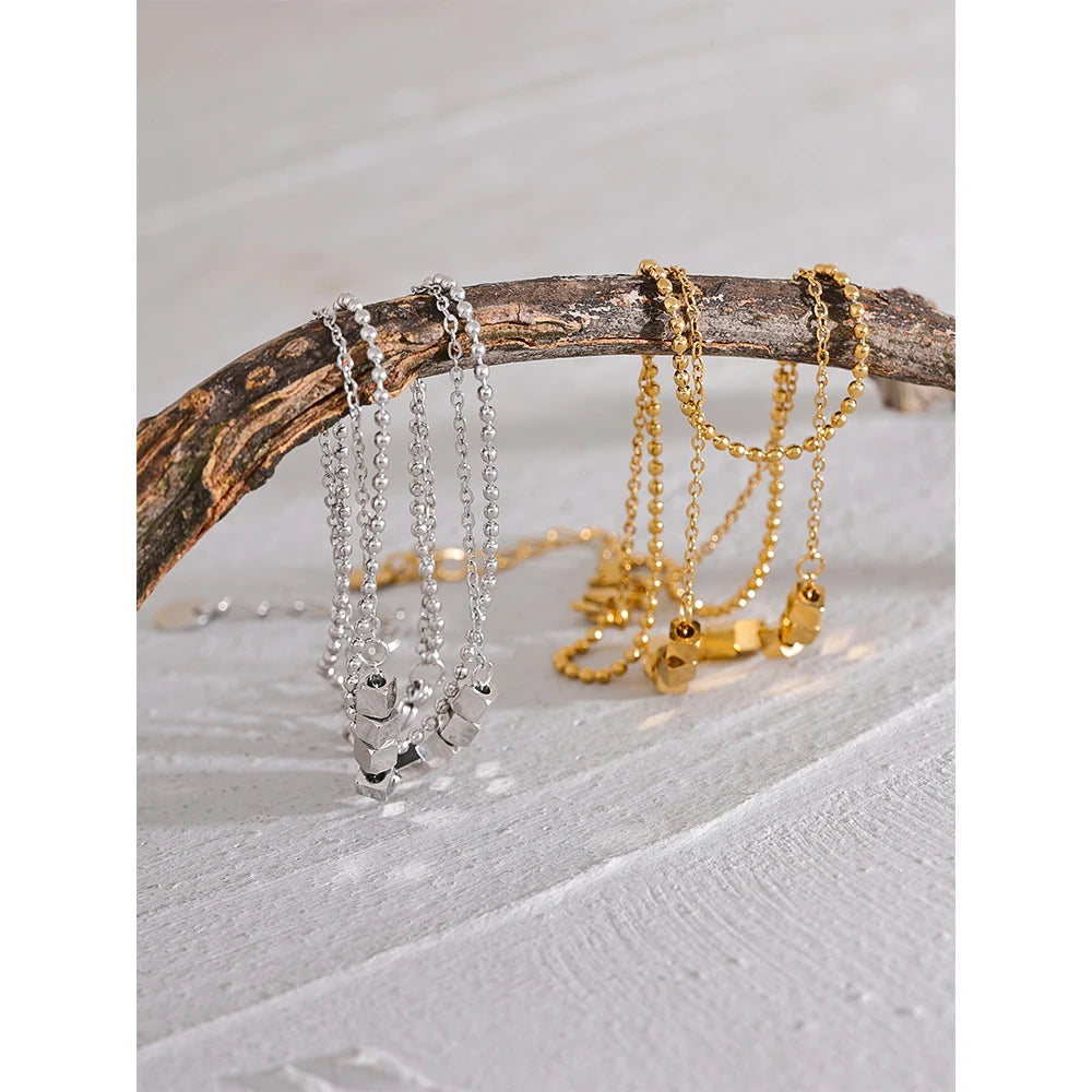 Beaded Geometric Chain Anklet — Gold-Plated Stainless Steel · PS2297