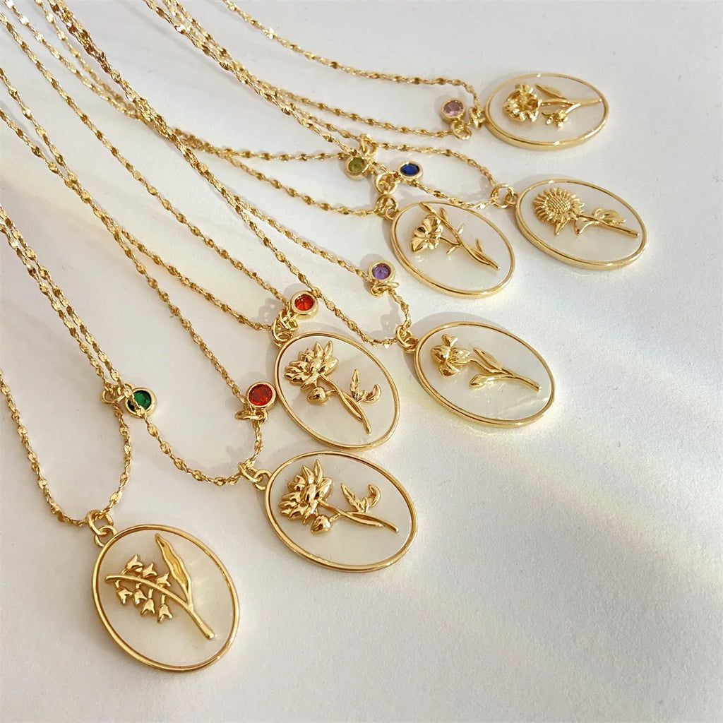 Birth Flower Shell Pendant Necklace — Stainless Steel · PS133