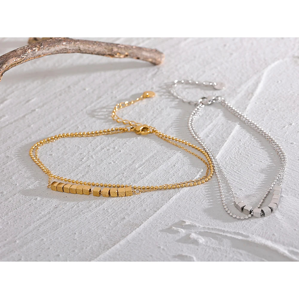 Beaded Geometric Chain Anklet — Gold-Plated Stainless Steel · PS2297