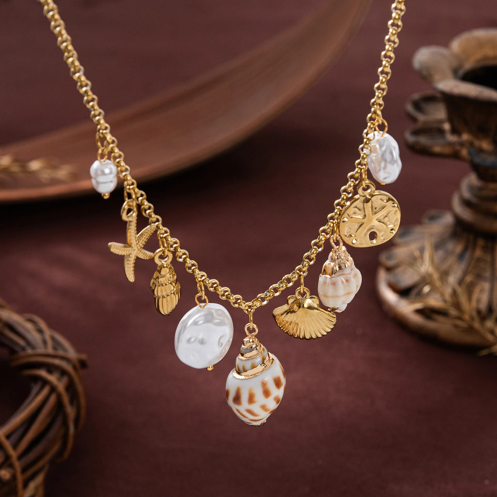 Stainless steel summer beach breeze shell starfish conch pearl necklace vacuum plated 18K gold color retention