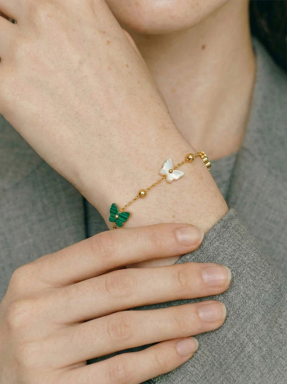 Shell Natural Stone Butterfly Bracelet — Gold-Plated Stainless Steel with Natural Stone and Shell · PS1015