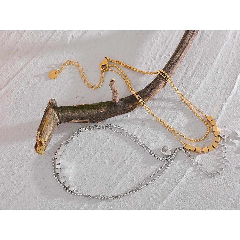 Beaded Geometric Chain Anklet — Gold-Plated Stainless Steel · PS2297