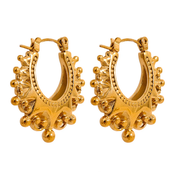 Gold-plated stainless steel earrings featuring a large, intricate design with multiple small embellishments.
