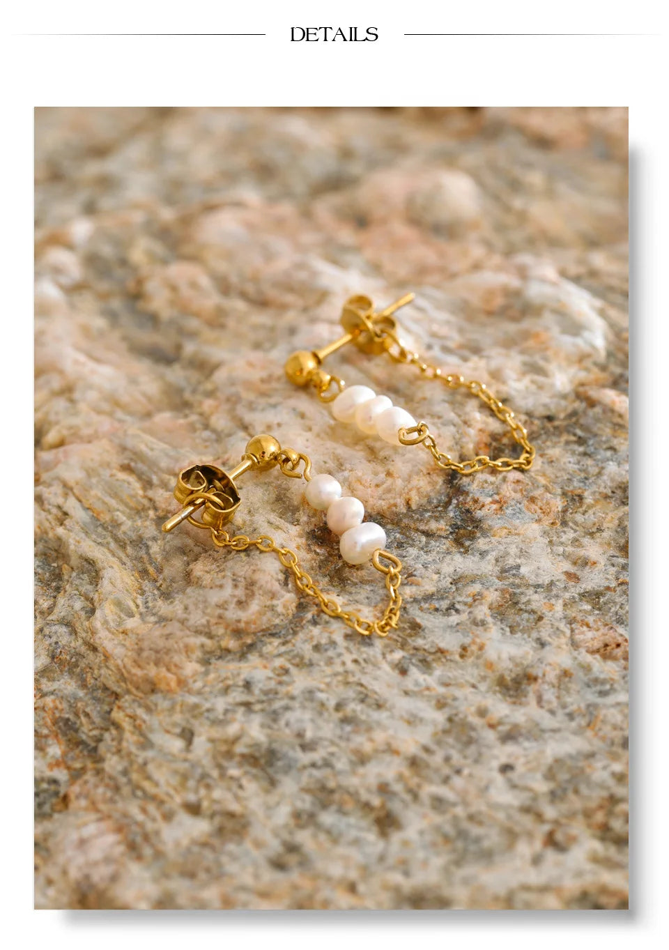 Freshwater pearl geometric chain earrings in gold-plated stainless steel with freshwater pearl.