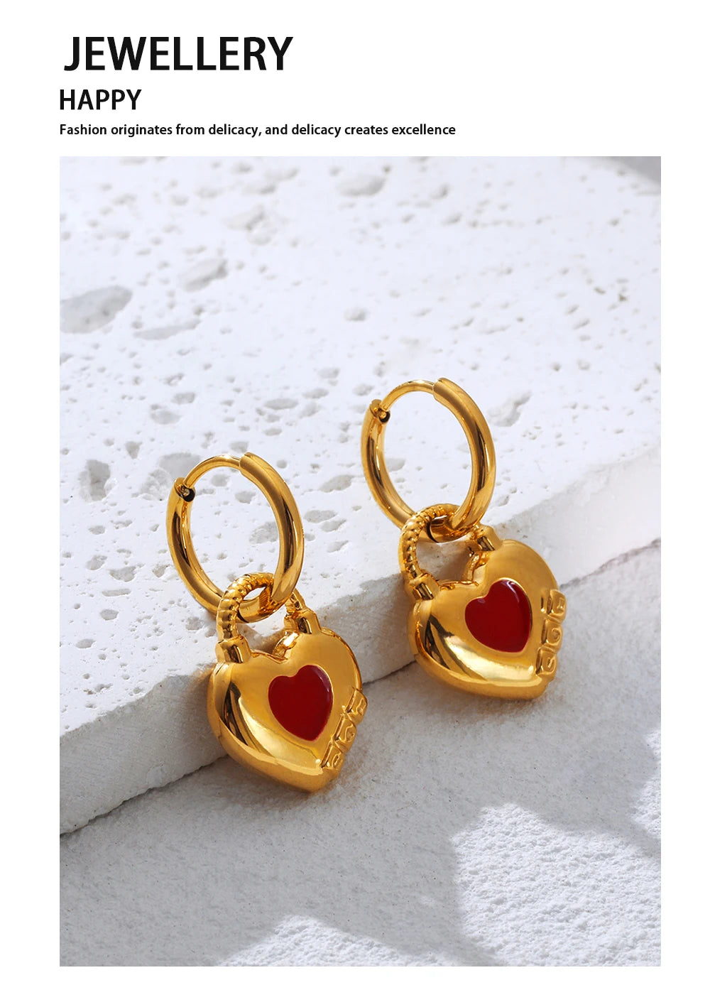 Hoop Earrings Red Enamel Heart — 316L Stainless Steel · PS384