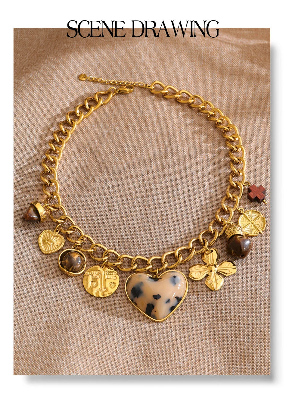 Resin heart flower necklace in gold-plated stainless steel with resin.