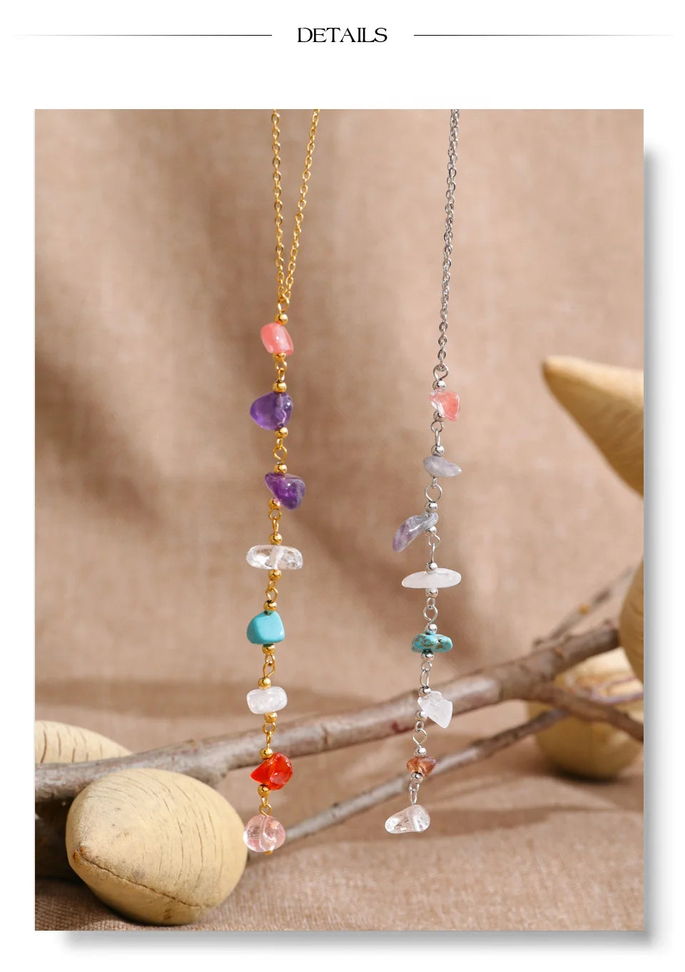 Resin natural stone multi-color necklace in gold-plated stainless steel with natural stone and resin.
