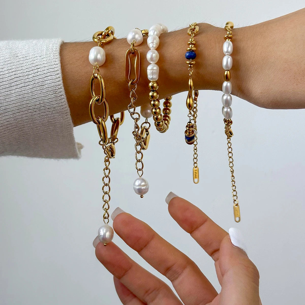 Pearl Chain Bracelet Stack — Stainless Steel · PS025