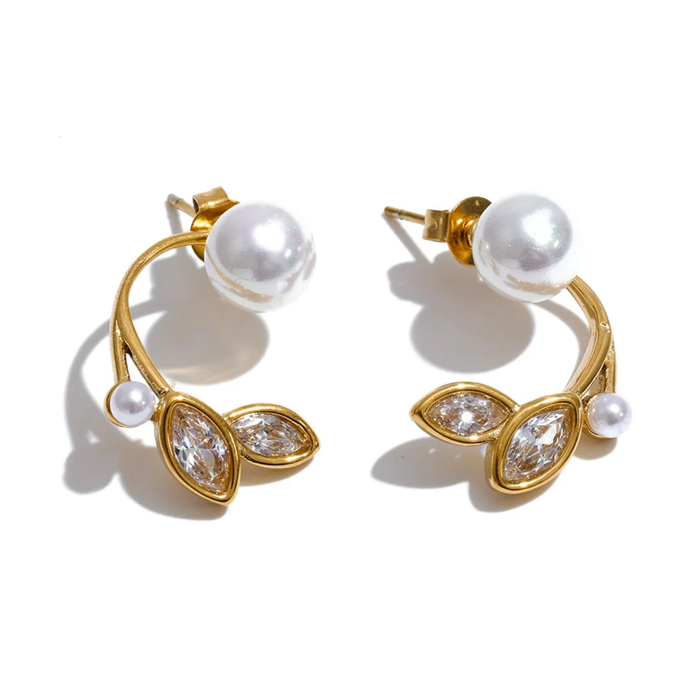 Cubic Zirconia Pearl Geometric Earrings — Gold-Plated Stainless Steel with Pearl and Cubic Zirconia · PS1303