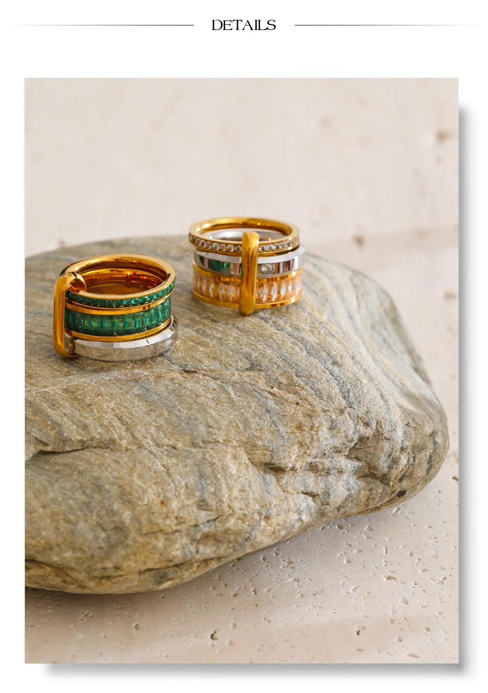 Cubic zirconia geometric layered ring in 18K gold-plated stainless steel with cubic zirconia.
