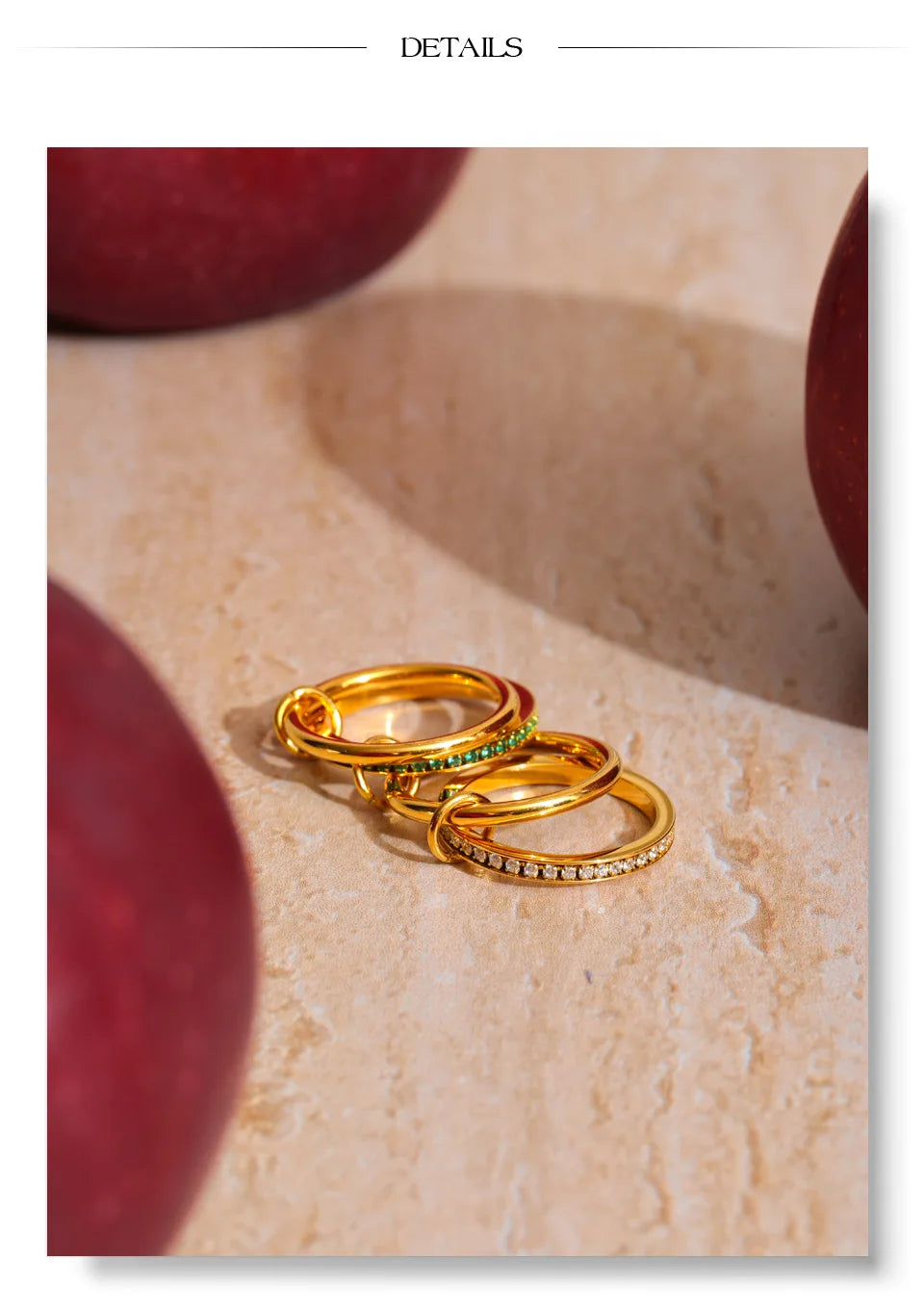 White cubic zirconia geometric ring in 18K gold-plated stainless steel with cubic zirconia.