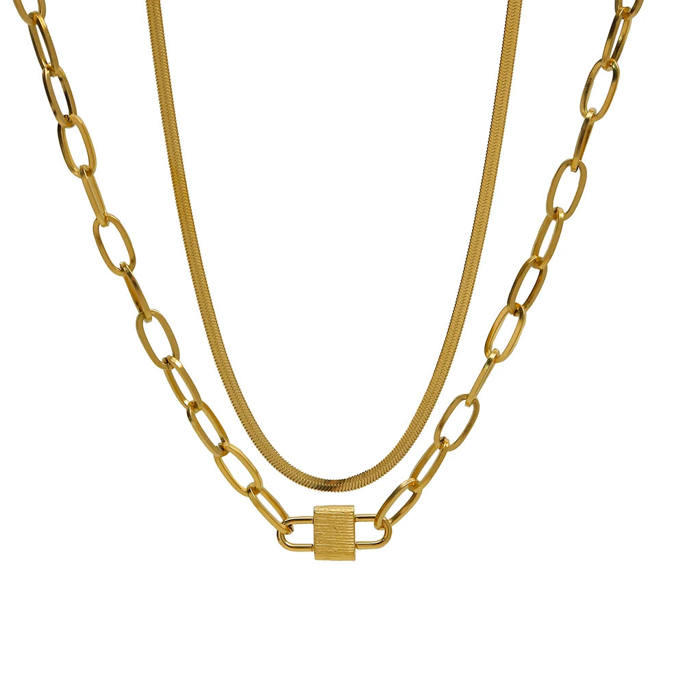 Snake Chain Choker Necklace Lock Charm — 316L Stainless Steel · PS449