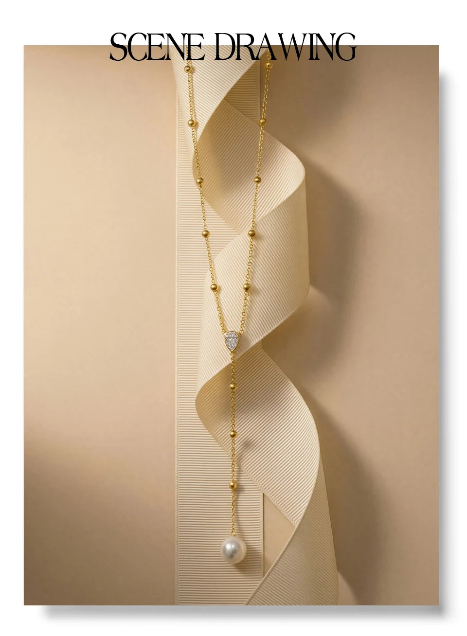 Cubic zirconia pearl geometric necklace in gold-plated stainless steel with pearl and cubic zirconia.
