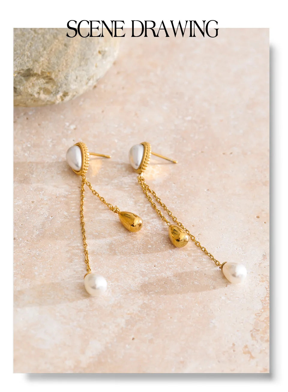 Pearl geometric chain earrings in gold-plated stainless steel with pearl.