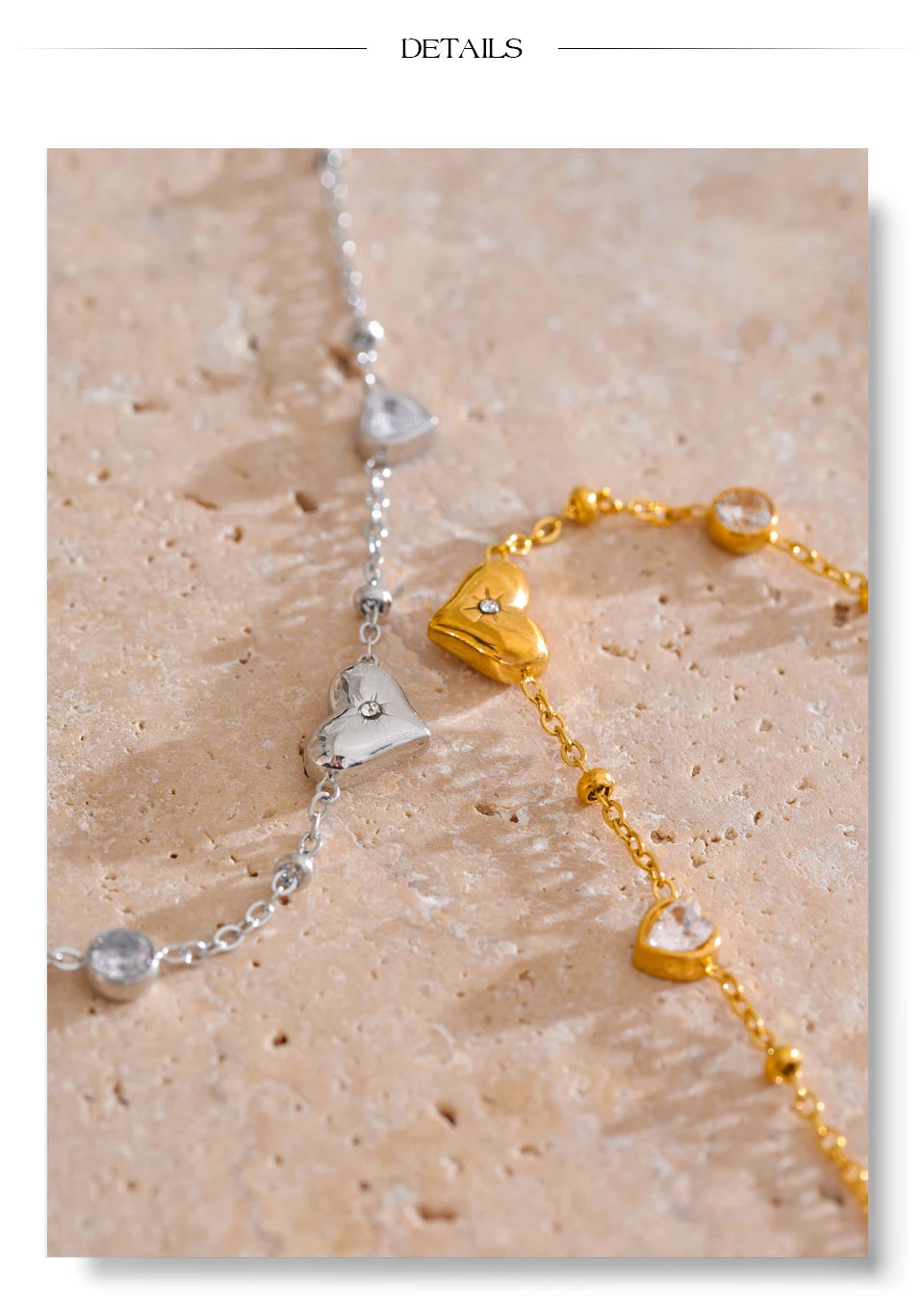 Cubic zirconia heart chain necklace in gold-plated stainless steel with cubic zirconia.