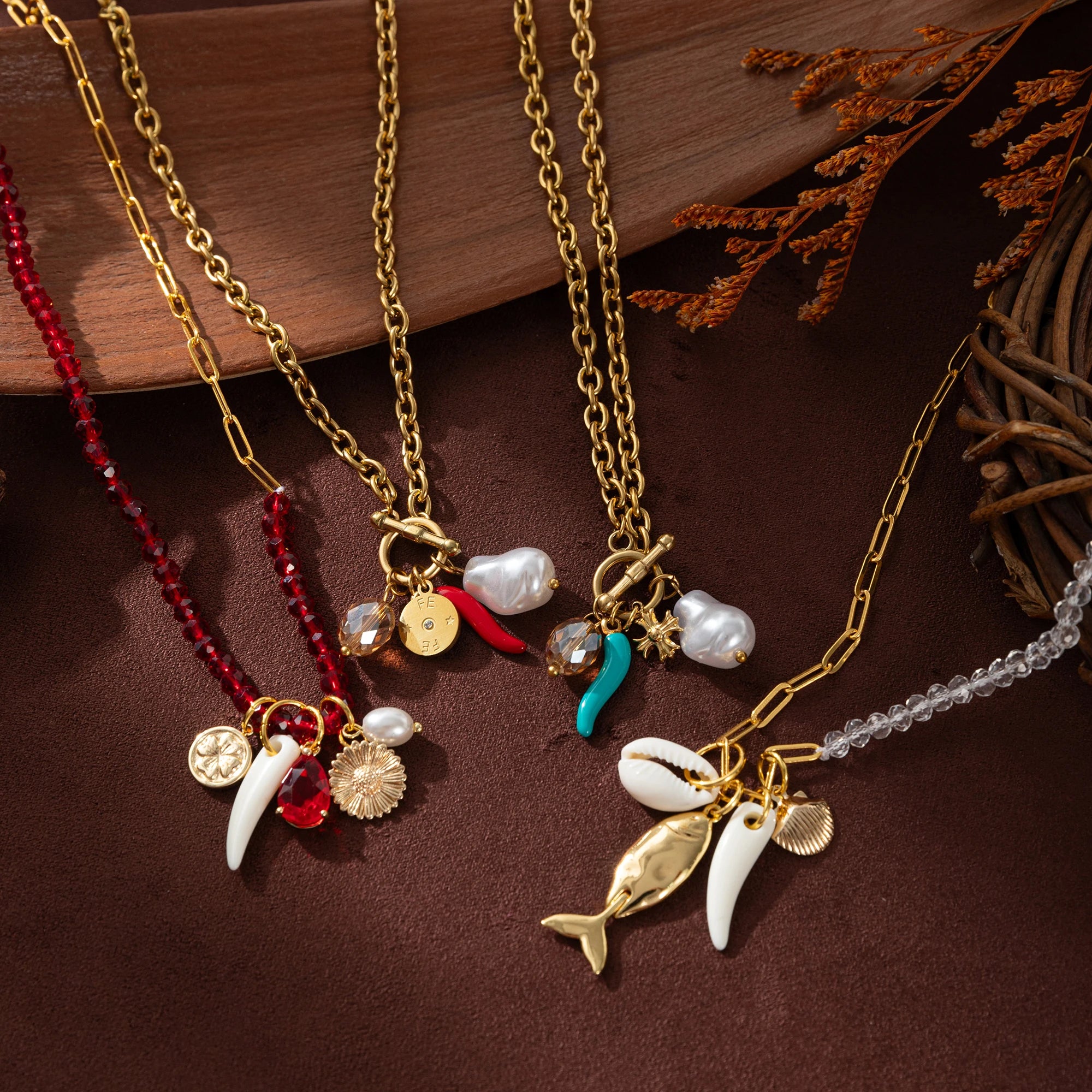 Charm Necklace 18K Gold Plated | Fish, Chili, Pearl & Coin Pendants | Trendy Layered Jewelry for Women