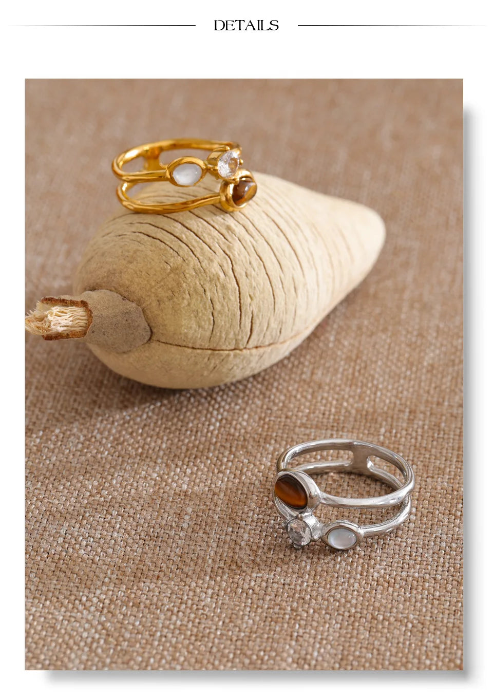 Cubic zirconia natural stone geometric ring in 18K gold-plated stainless steel with cubic zirconia and natural stone.