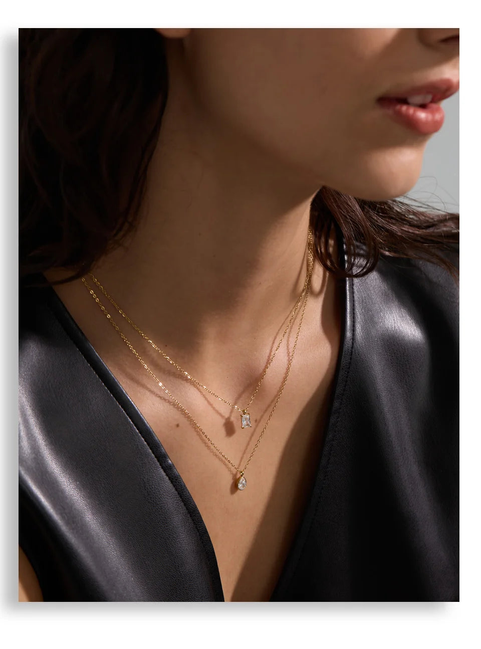 Cubic zirconia geometric layered necklace in gold-plated stainless steel with cubic zirconia.