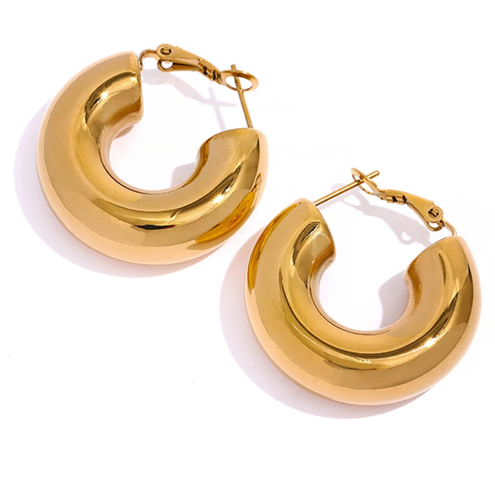 Gold-plated stainless steel earrings featuring a large circular hoop design.
