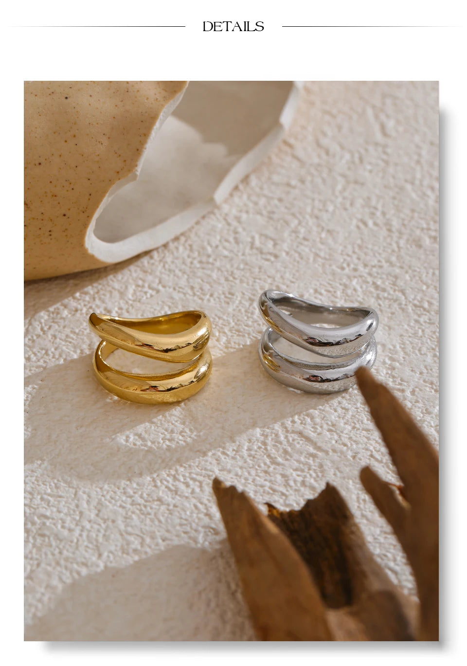 Geometric layered ring in gold-plated stainless steel.