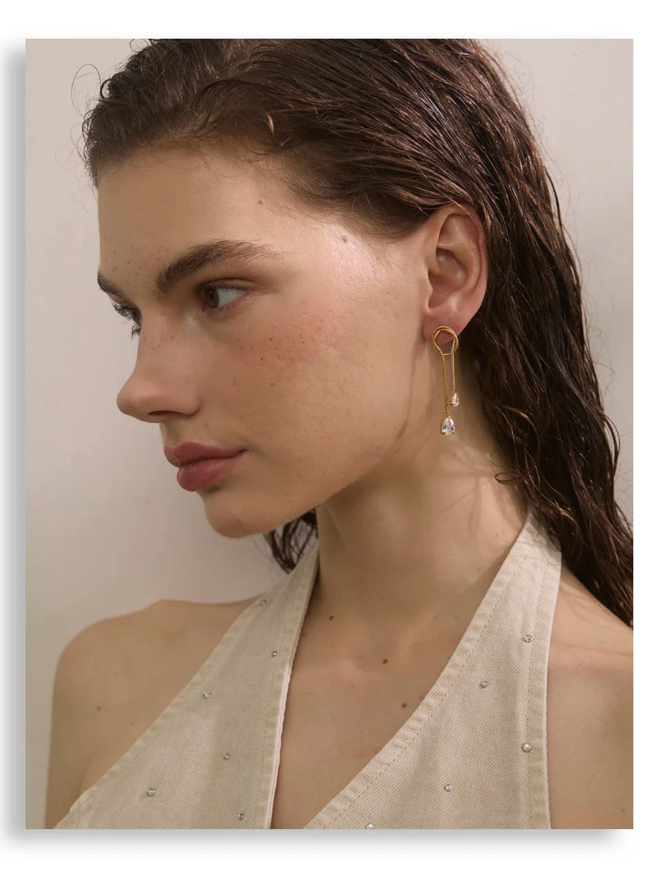 Cubic Zirconia Geometric Chain Earrings — Gold-Plated Stainless Steel with Cubic Zirconia · PS1608