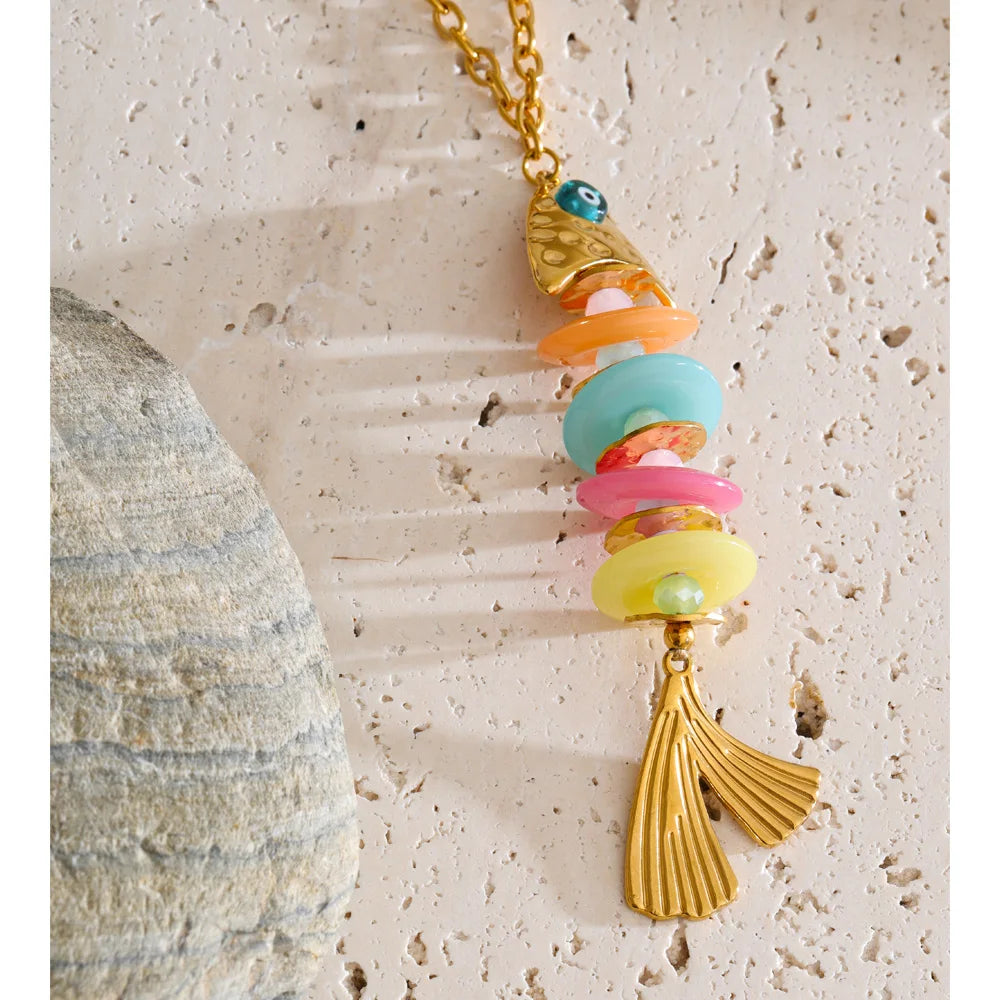 Resin Multi-Color Geometric Necklace — Gold-Plated Stainless Steel with Resin · PS2307