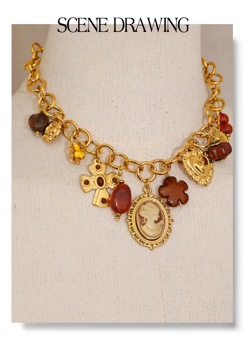 Resin acrylic heart necklace in gold-plated stainless steel with resin and acrylic.
