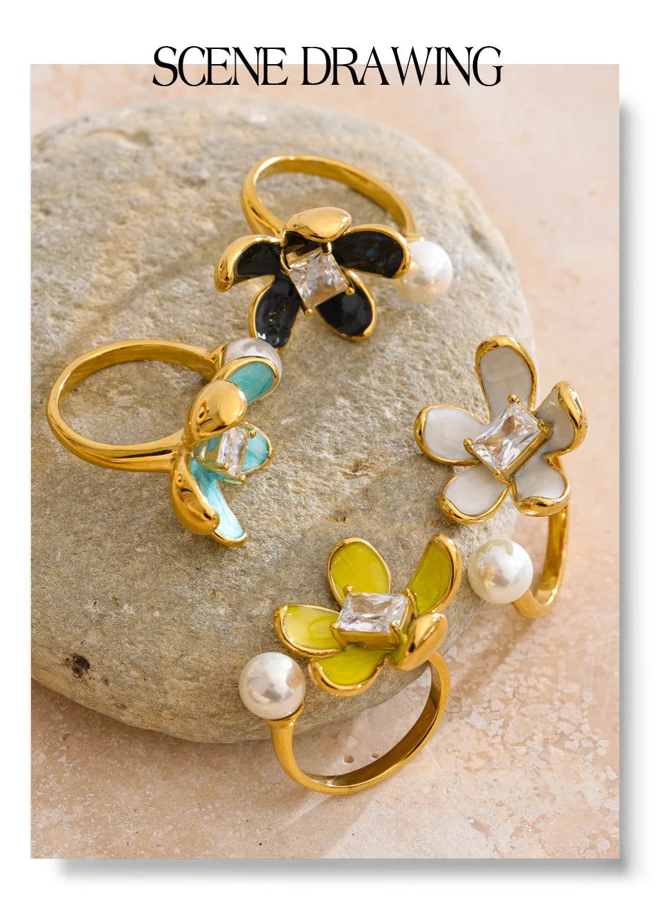 Cubic zirconia enamel flower ring in gold-plated stainless steel with cubic zirconia and enamel.