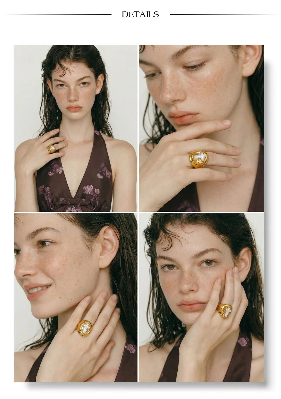 Pearl cross geometric ring in 18K gold-plated stainless steel with pearl.