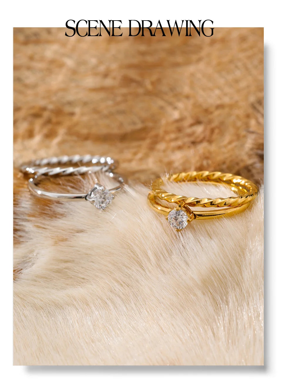 Cubic zirconia geometric ring in gold-plated stainless steel with cubic zirconia.