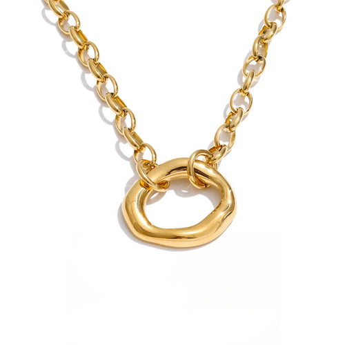 Gold-plated stainless steel necklace with a large ring pendant.