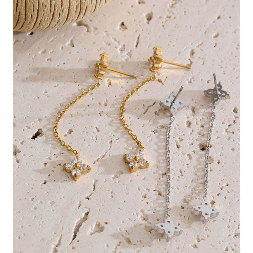 Cubic Zirconia Flower Chain Earrings — Gold-Plated Stainless Steel with Cubic Zirconia · PS1290