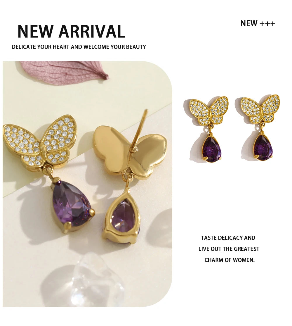 Purple Zircon Crystal Earrings — 316L Stainless Steel · PS481